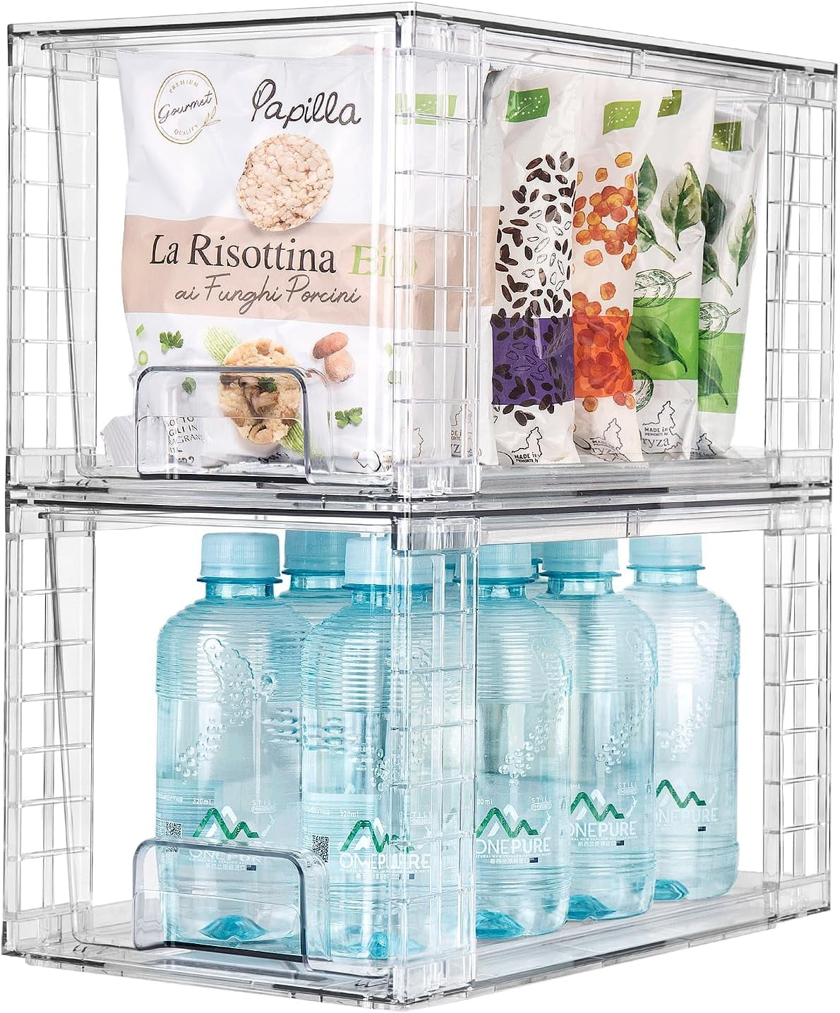 4Pack Large Stackable Kitchen Storage Drawers, Clear Foods Organizer Bins with Handles, Easily Assemble for Bathroom, Kitchen, Pantry, Cabinet, Closet(XL-Down Handle)