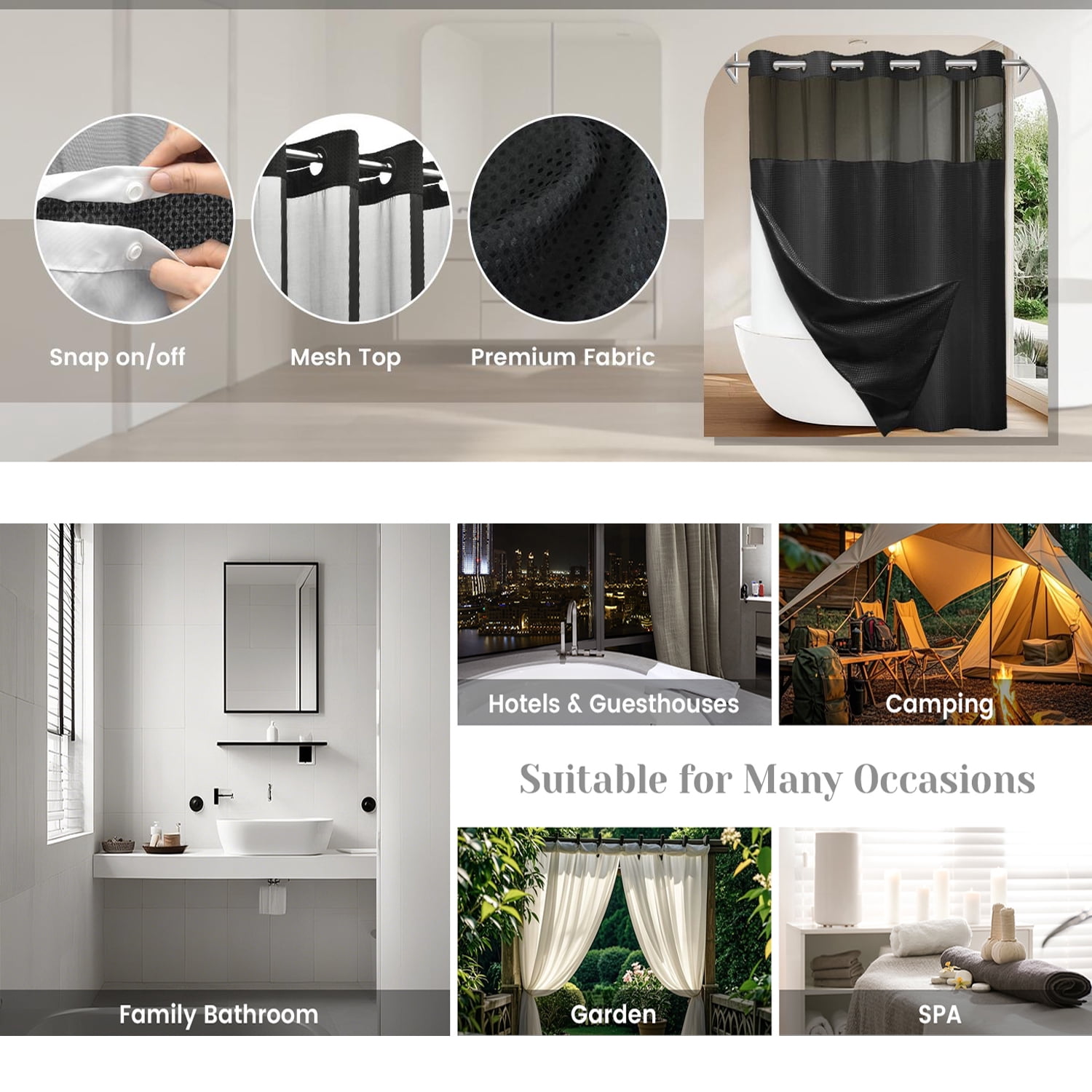 Waffle Weave Hookless Shower Curtain with Snap in Liner, DawnJoanHD Black Polyester Fabric Shower Curtains with See Through Top Window, 71" x 74"