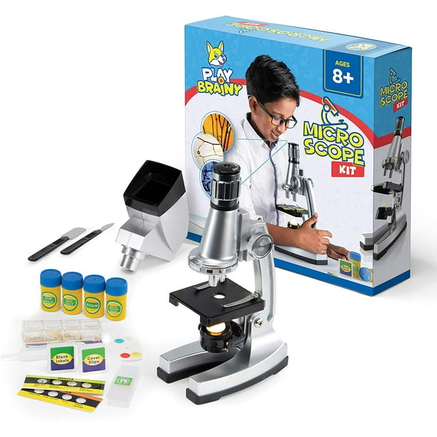 Play Brainy Kids Microscope Kit, 33-Pc. Set, Specimen and Blank Slides, Live Shrimp Hatchery, Projector, Tools and Accessories, Early Learning STEM ...