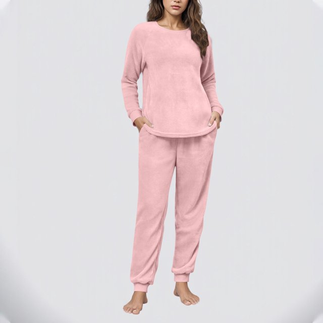 Conjunto de top y pantalón largo de poliéster con cuello redondo y manga larga para mujer