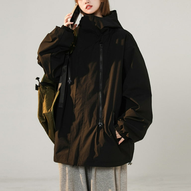 Black Rain Jacket Plus Size Rain Jackets Women Lightweight Waterproof Rain Coat with Hood Full Zip Drawstring Raincoat Hiking Outwear Cute Jacket Walmart