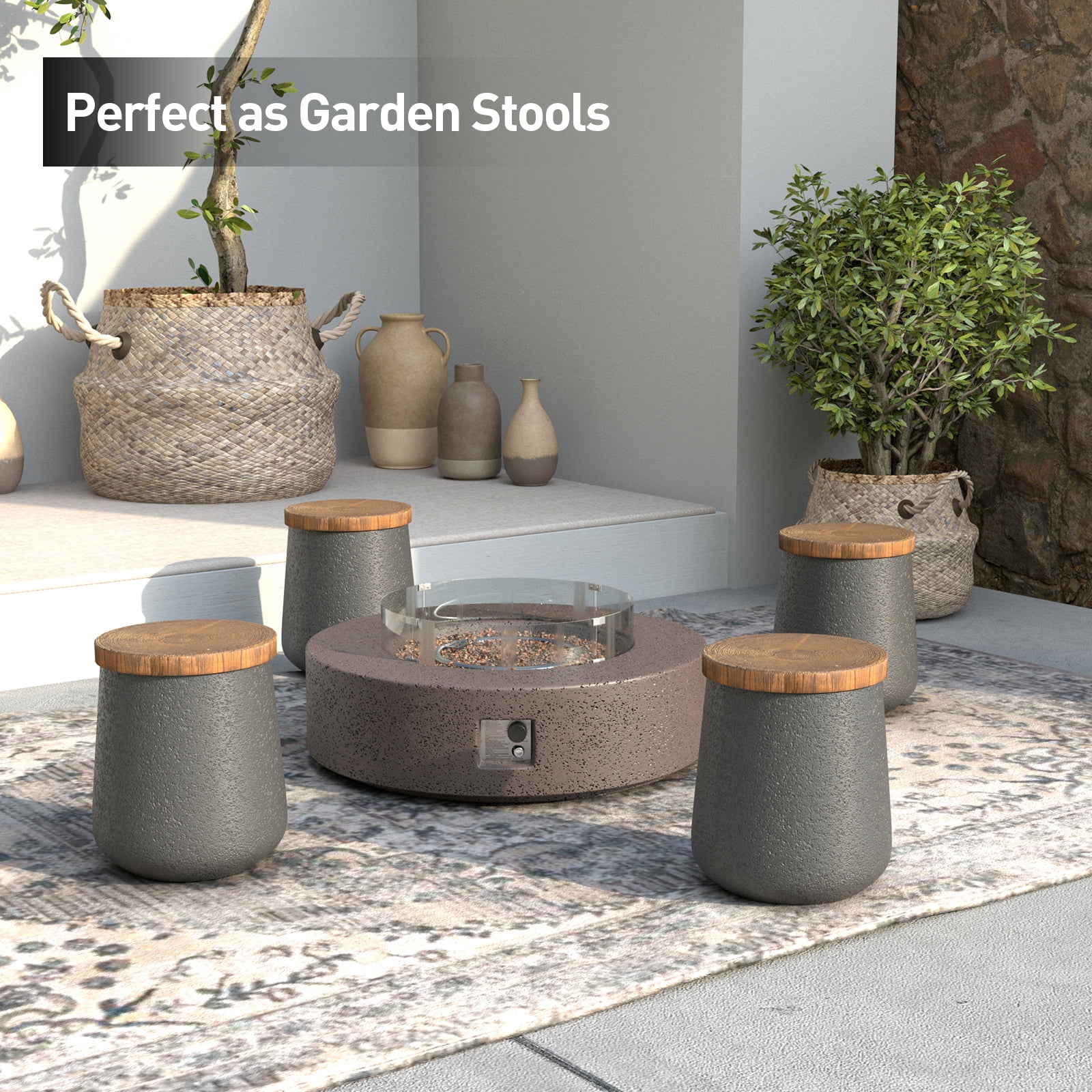 VENTOPYR 2 PCS Concrete Outdoor Side Table with Wood Grain Top,Small Jar Shaped Round Accent End Table for Patio, Garden,Black