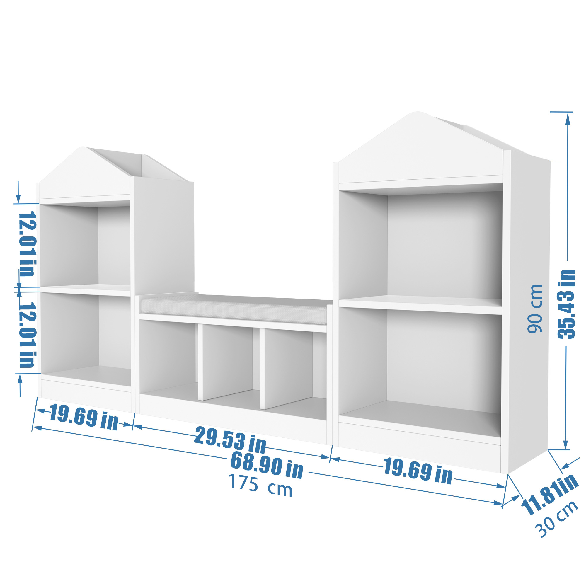 68.9“ Kids Bookshelf with Reading Nook, Toy Storage Organizer with Seat Cushion and 7 Storage Cubbies, Wooden Kids Bookcase, Toy Organizers and Storage for Nursery, Playroom, White