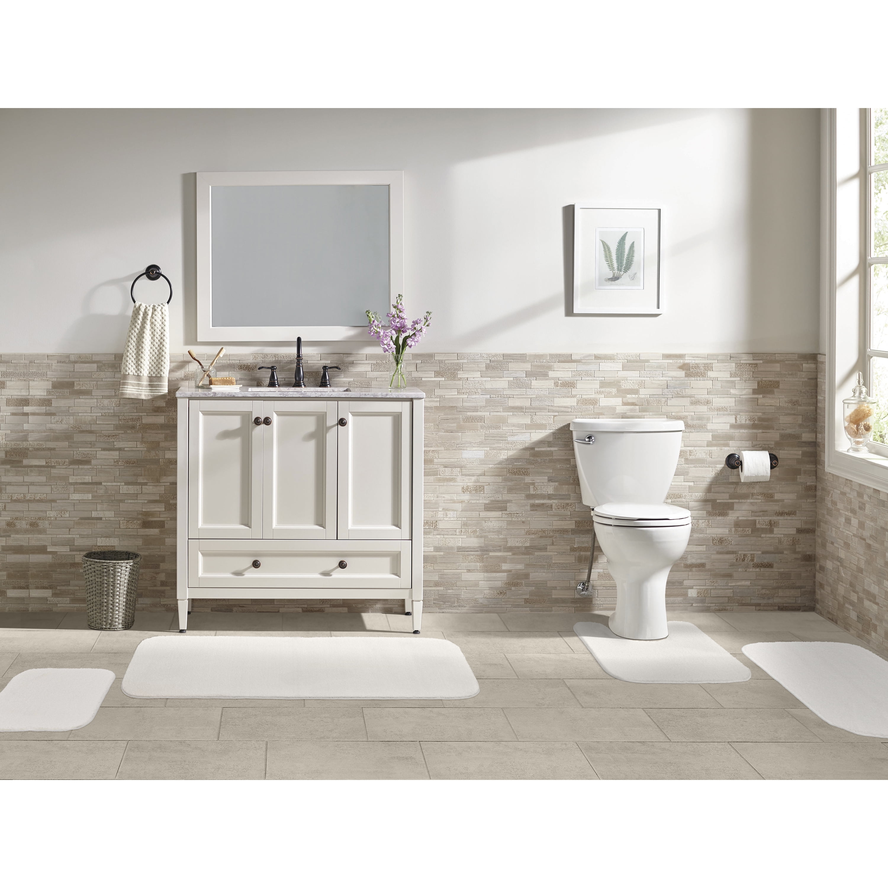 Garland Rug Gramercy Washable Bath Rug Set, 4-Piece (2 Bath Rugs, Contour Rug, Runner Rug) White