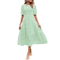 thumbnail image 2 of Robes Maxi pour Femmes Robe à Col Rond Décontractée à Manches Courtes Unie à Taille Superposée en Mousseline avec Ceinture Robe à Manches Courtes en Liquidation, 2 of 9