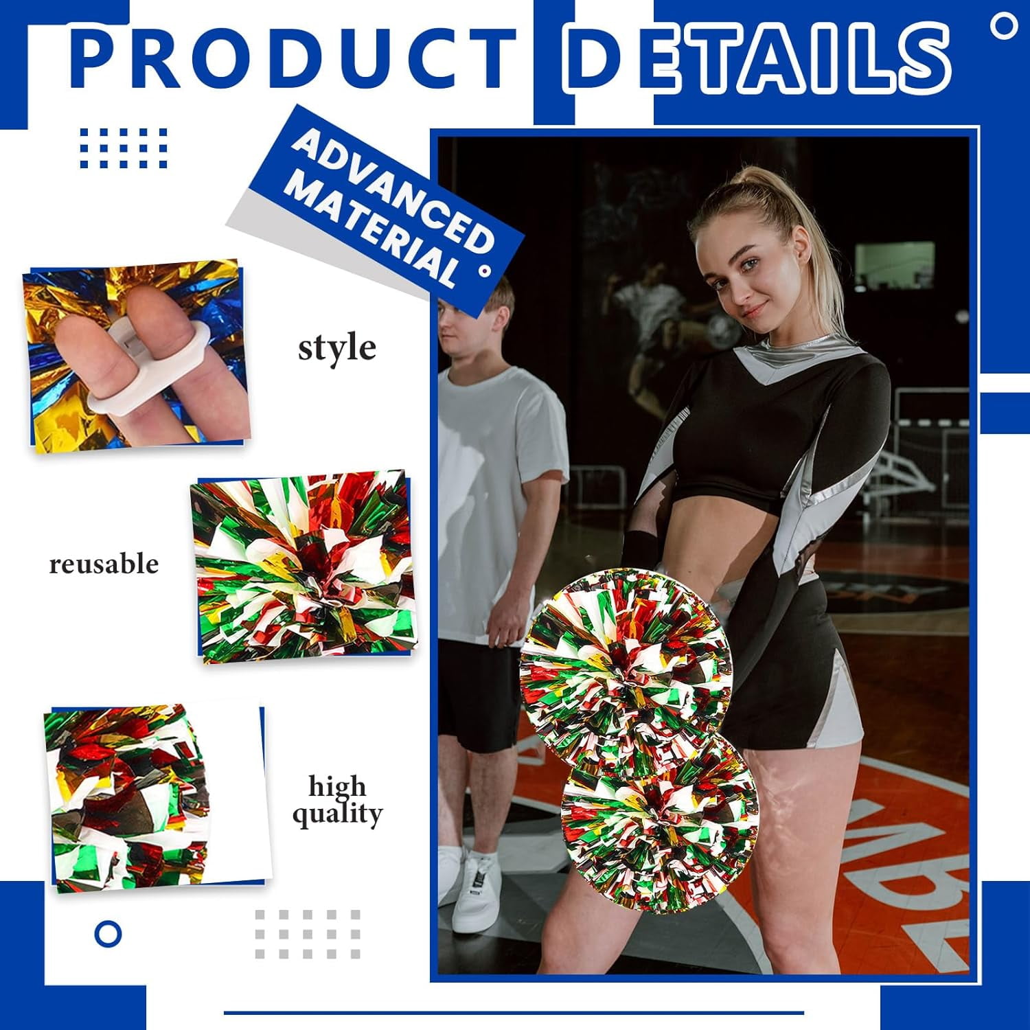 Cheerleader Pom Poms 24 Pack Sports Dance Cheering Plastic Metallic Cheerleading Pom Poms for Kids Adults-Ring Style