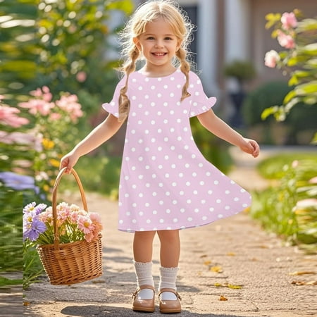 Summer Dresses for Girls 3-12 Years Toddlers Kids Cute Polka Dot Printed Short Sleeve Crewneck Loose Pullover Hiking Midi Dress