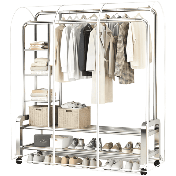 4 ft Transparent Clothes Garment Rail Cover, Clear Protective Zip Over for Coat Racks, 59.1 in Height, Plastic Closet Organizer, Dustproof, Waterproof, Space Saving, Easy Access