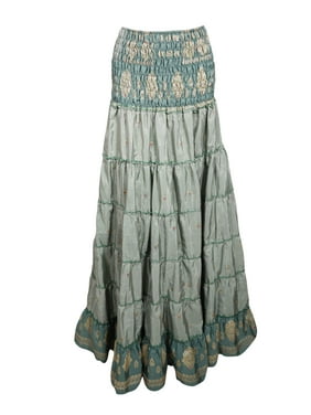 Mogul Women Gray Floral Printed 2 in 1 Recycled Sari Beach Maxi Skirts Bohemian Summer Tube Dress S/M