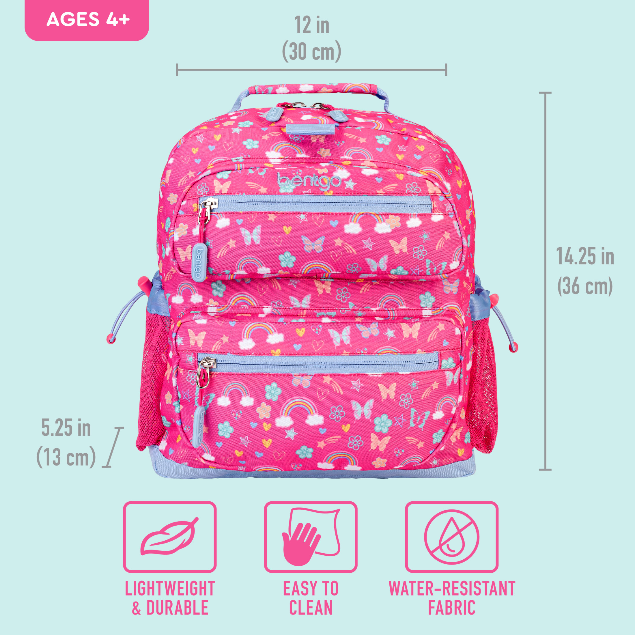 Mochila para niños - Mochila ligera de 14" con estampados únicos para escuela, viajes y guardería - Interior amplio, tela duradera y resistente al agua, y presilla para lonchera (Arcoíris) 4