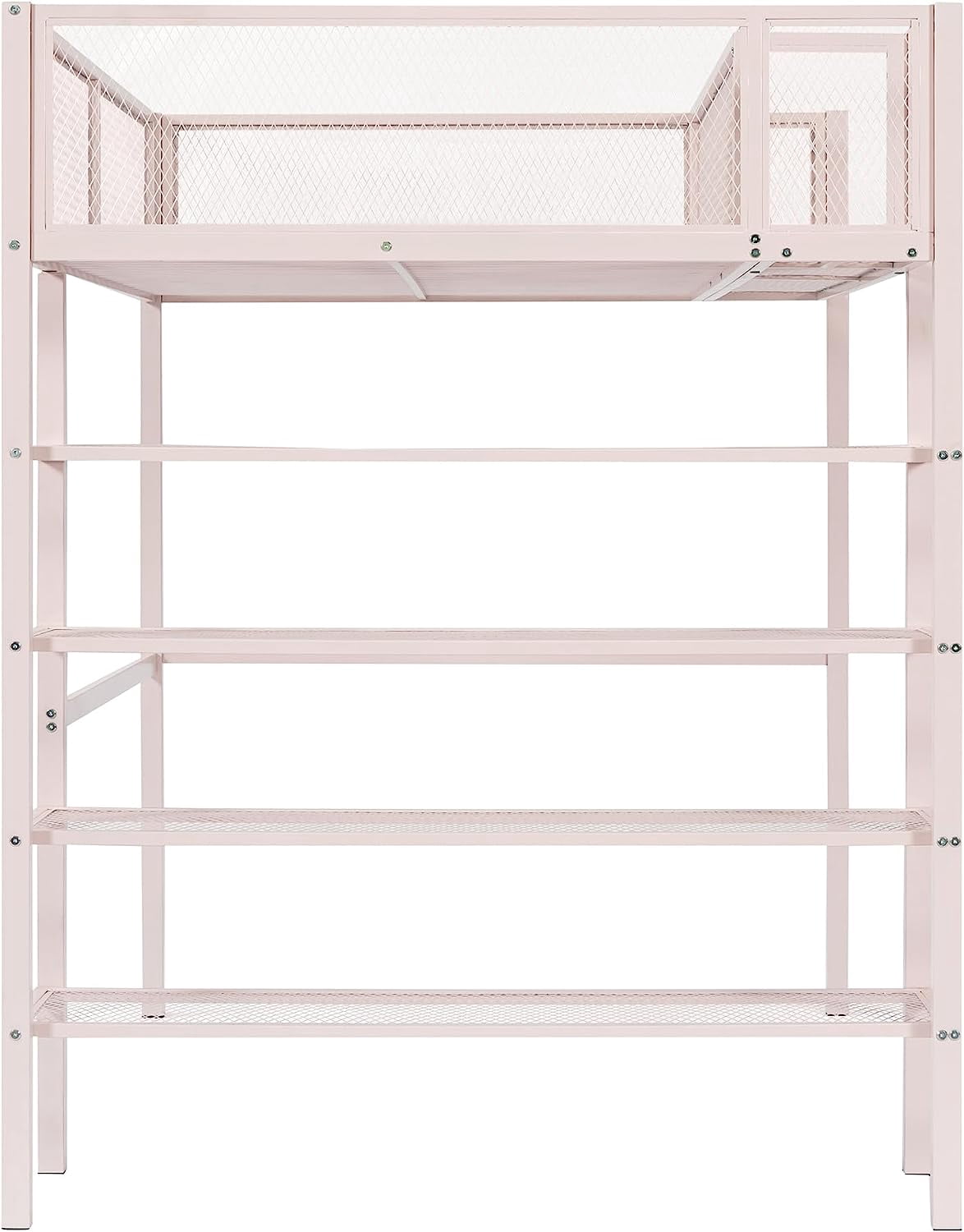 DEALTOPS Twin Size Metal Loft Bed with 4-Tier Shelves and Storage - Pink