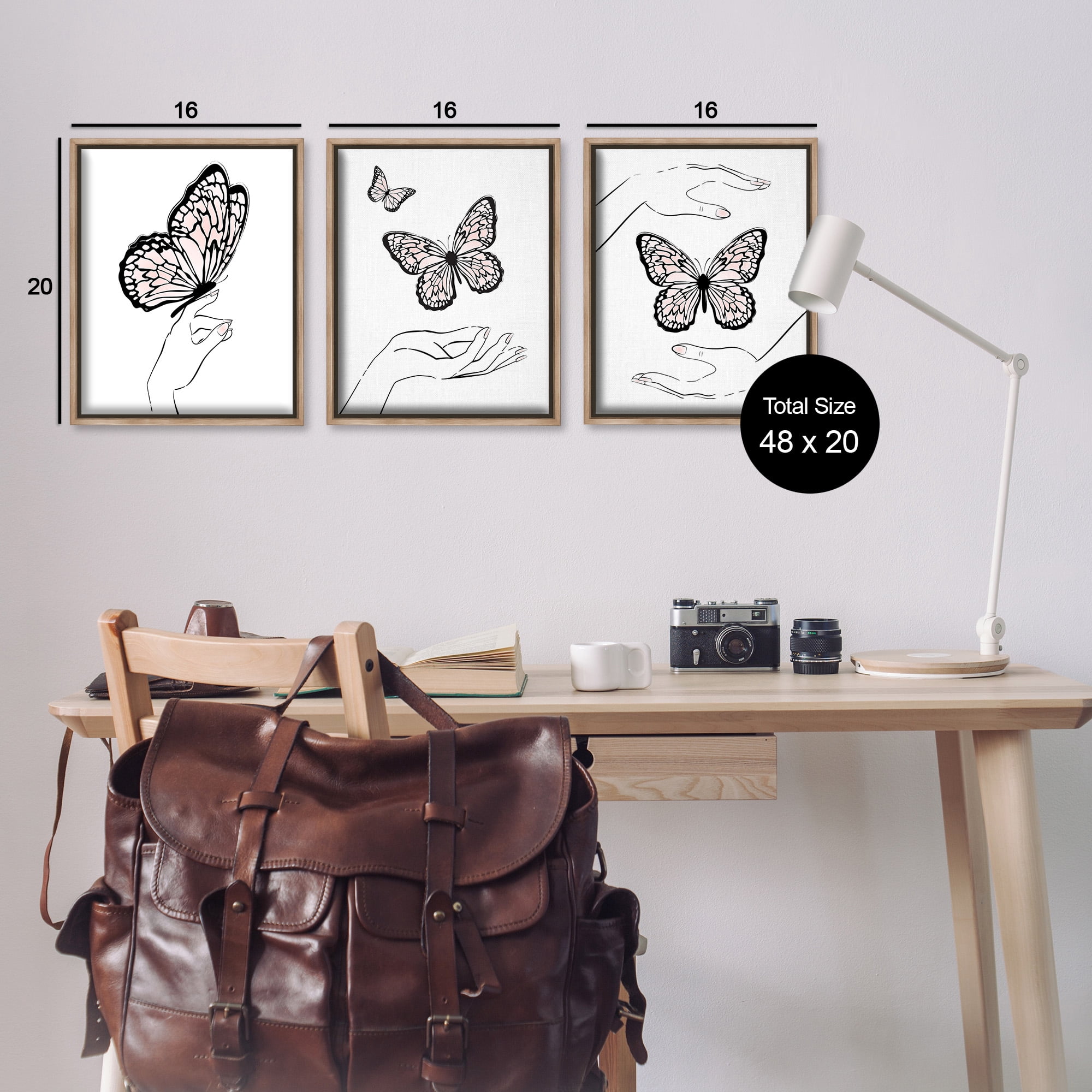Stupell Industries Hands with Butterflies Animals & Insects Painting Brown Floater Framed Canvas Art Print Wall Art, 17 x 21, Set of 3