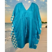 Boho Summer  Short Kaftan Dress, Blue Women, Dress Women's Recycled Silk Beach Coverup, Mom to Be, Vacation, Pool Chic L-2X