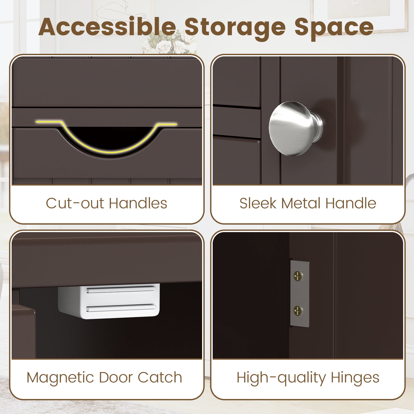 Gymax Bathroom Floor Storage Cabinet Wooden Freestanding Bathroom Storage Unit w/ 1 Door & 4 Drawers Brown
