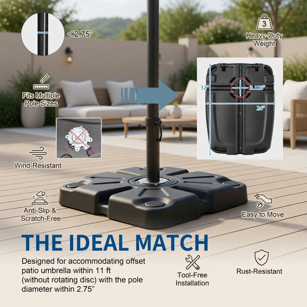 Resenkos Outdoor Umbrella Base, 60L Plastic Weighted Fill Water Sand Wheel Patio Umbrella Base, Black
