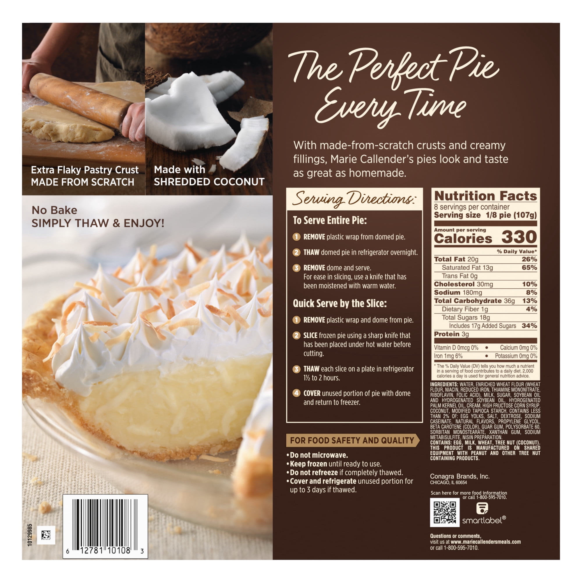 Marie Callender's Coconut Cream Pie, Thaw & Enjoy Frozen Dessert, 30.3 oz.