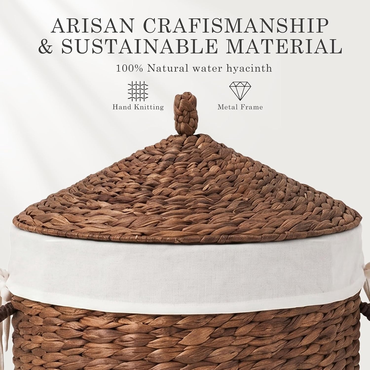 Round Laundry Hamper with Lid, Woven Natural Water Hyacinth, 17.52 in Diameter x 20.87 in Height
