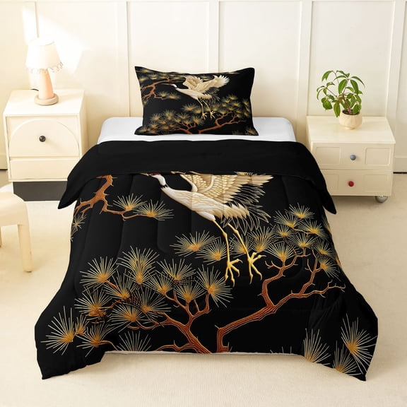Homewish Red Crowned Cranes Twin Comforter Sets,Oriental Ink Painting Bedding Set,Black Gold,Black Reversible,2pcs,1 Comforter and 1 Pillowcase
