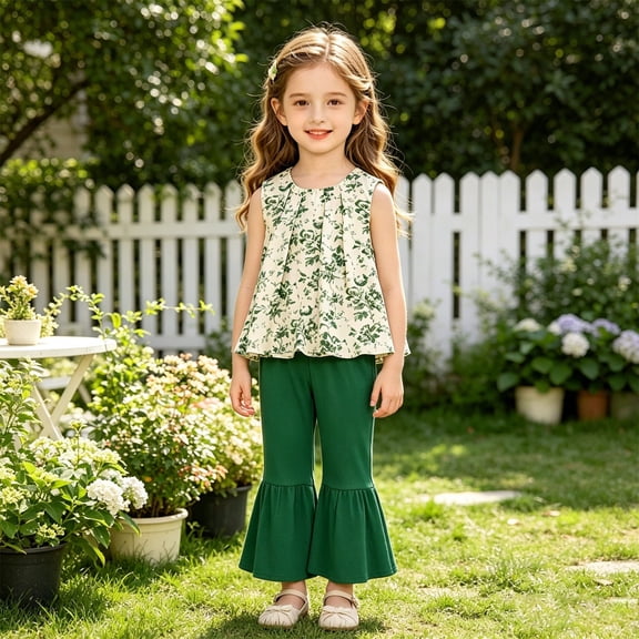Rhuody Girl Outfits Summer Round Neck Sleeveless Matching Set Cartoon Prints Tops Pants Trend 5-6 Years Little Girls Clothing Green