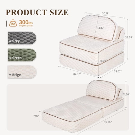 Folding Sofa Bed, 3-in-1 Convertible Sleeper Chairs with Pillow, Back Support, Fuzzy Fabric Floor Couch Bed for Adults, Boneless Couches Living Room, Bedroom, Apartment, Beige