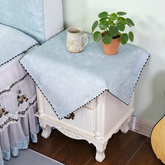 Farmhouse Nightstand Cover, Light Blue 27.5x27.5in(70x70cm), Vintage Linen-Blend Table Cloth, Decorative Trim, Dustproof Washable for Dresser Small Desk