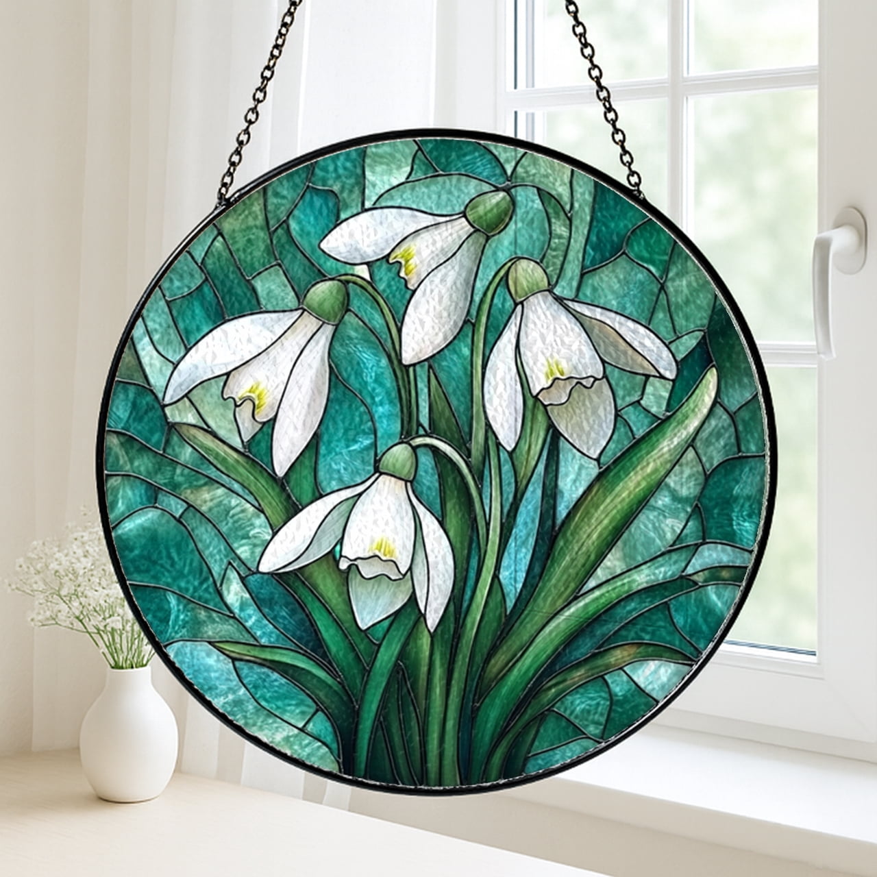 Spring Snowdrop Faux Stained Glass Window Hanging – Floral Decorative Art