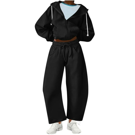 Women's 2 Piece Outfits Sweatsuits Full Zip Hooded Sweatshirt Solid Color Drawstring Bucket Sweatpants With Pockets (L, Black)