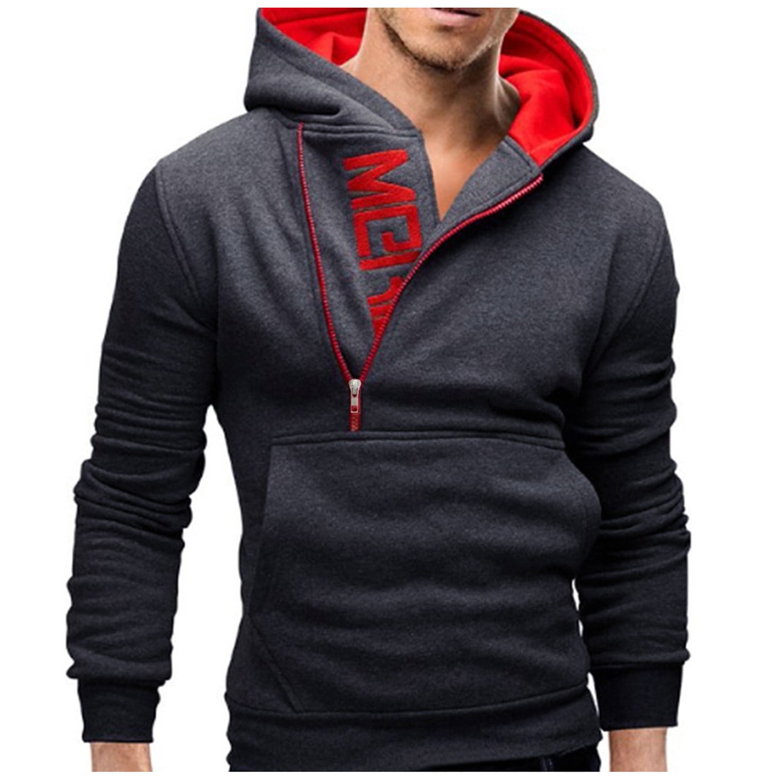 Romantc Mens Long Sleeve Splice Hooded Solid Color Zip Up Movement Pullover Top 