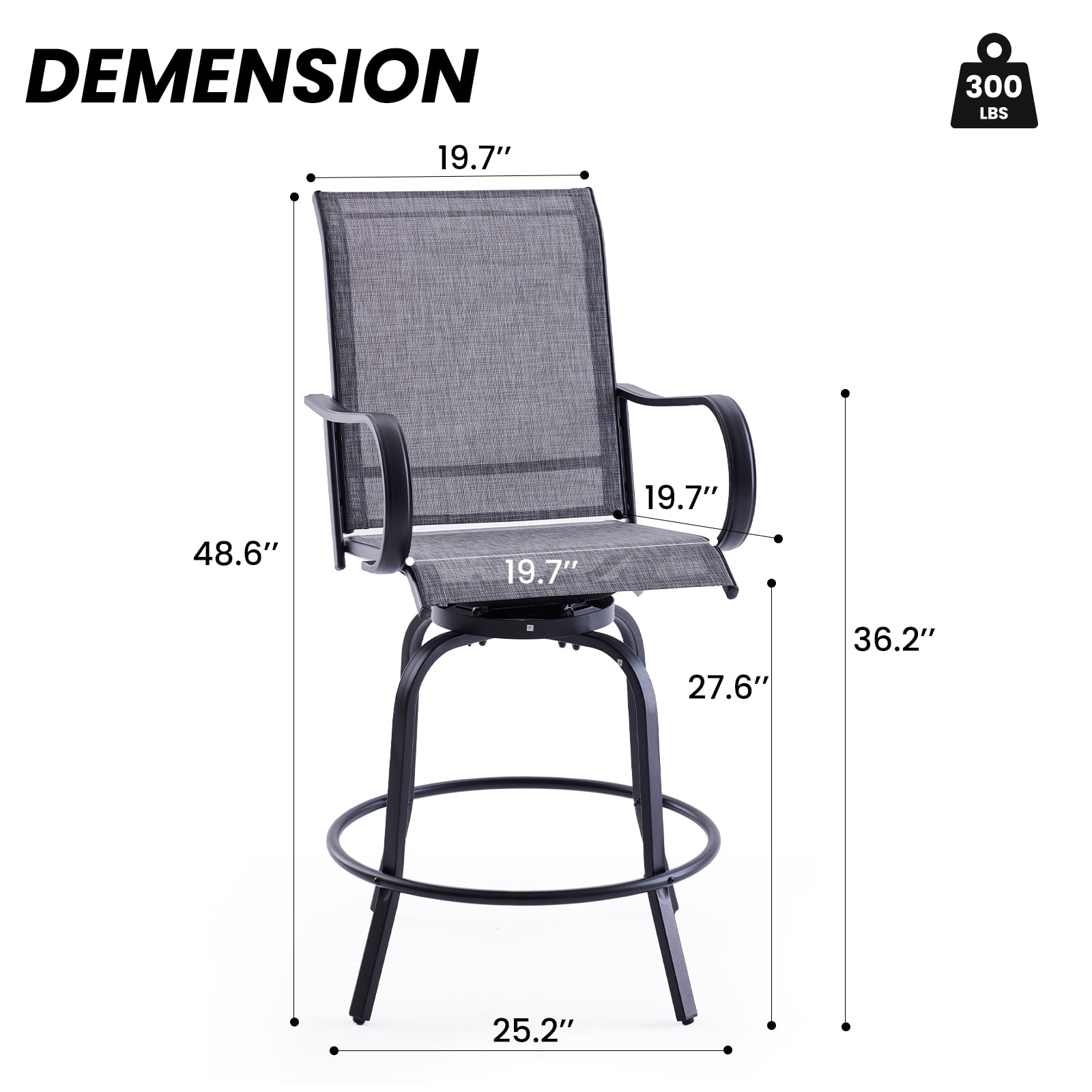 Aukfa Set of 2 Outdoor Swivel Bar Stools, 360° Patio Bar Height Chairs w/ Textilene Fabric & Footrest for Backyard/Deck,Gray