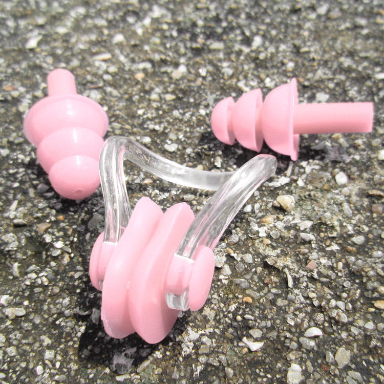 Waterproof Silicone Swimming Surfing Nose Clip+Ear Plug Set Case Pink 