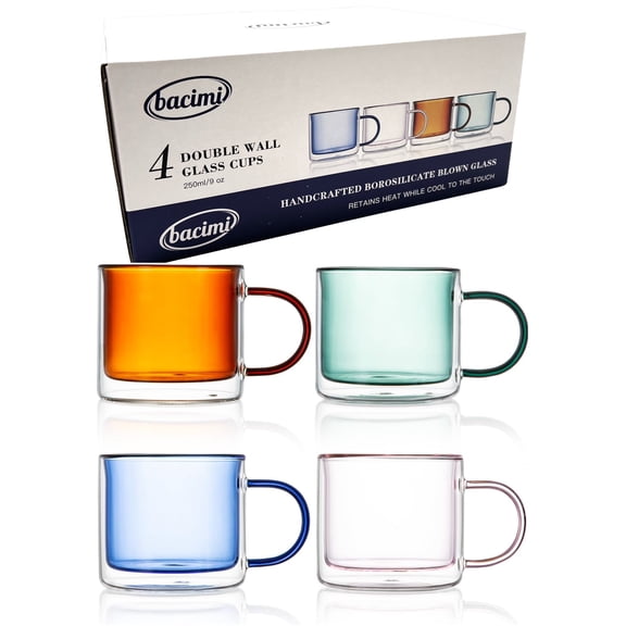 Bacimi Double Wall Insulated Coffee Mugs Set of 4 / 8.5oz - Clear Borosilicate Mug with Handle - Thermal Drinking Cups for Espresso, Cappuccino, Latte, Tea, Hot Beverage, Wine - Microwave Safe