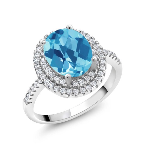 Gem Stone King 925 Sterling Silver Halo Engagement Ring Oval Checkerboard Swiss Blue Topaz and Moissanite (2.68 Cttw) | Size 5