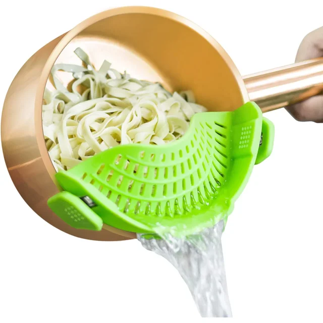 Colador con clip para ollas y sartenes de silicona, colador de pasta, colador con clip para alimentos para carne, verduras, frutas, colador de cocina de silicona, verde Sailing Electrónica