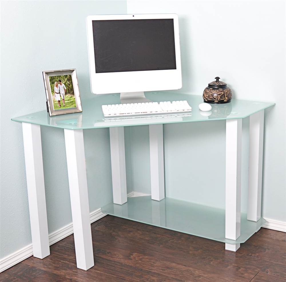 RTA Home & Office  Frosted Tempered Glass Gloss White Corner Computer Desk - image 3 of 3