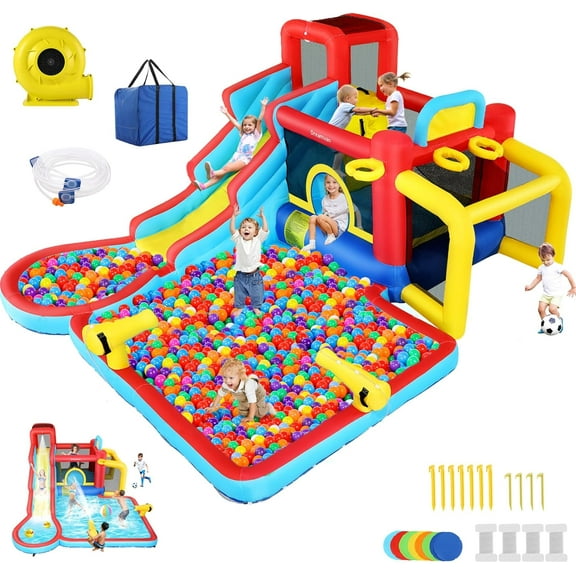 Qhomic Inflatable Water Slide 12 in 1 Waterfall Waves Mega Water Park, Inflatable Bounce House Water Slide with Splash Pool, Climbing Wall, Cannon, Basketball Hoop, Ball Shooting, Football Gate