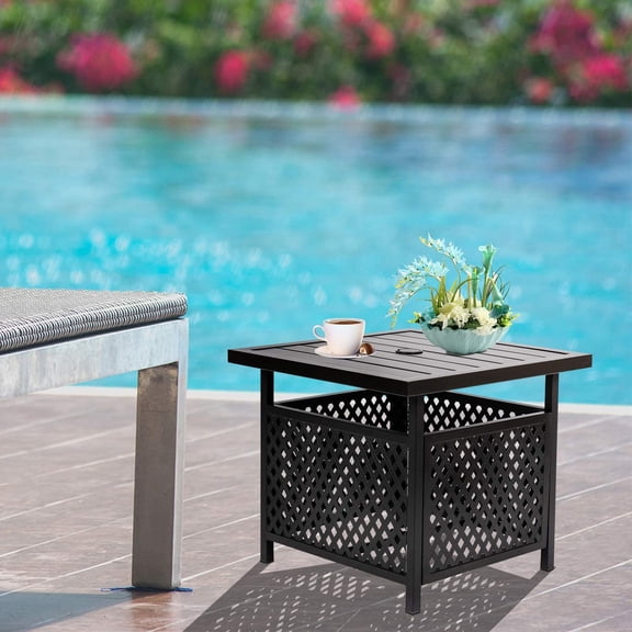 Outdoor Patio Umbrella Side Table Stand, Outdoor Bistro Square Steel Table with Umbrella Hole for Deck Garden Pool Backyard, Black, 1.57'' Hole