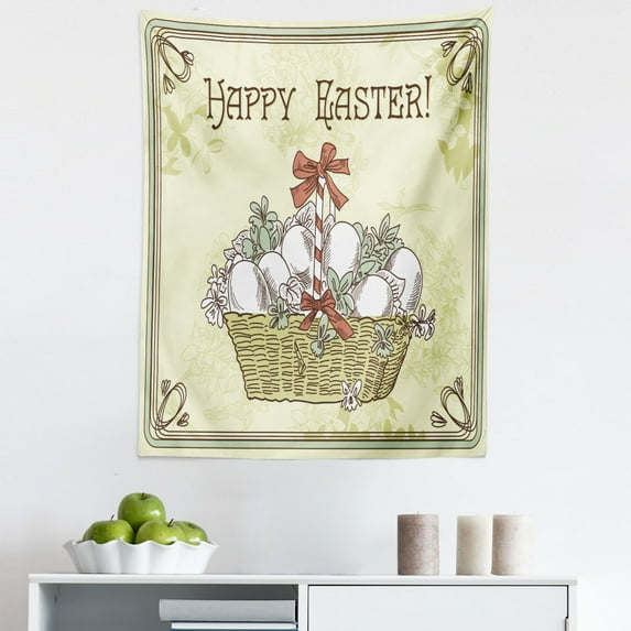 Easter Tapestry, Happy Easter Calligraphy with Ribbon Basket of Eggs Vintage Style Drawn Print, Fabric Wall Hanging Decor for Bedroom Living Room Dorm, 5 Sizes, Green and Khaki, by Ambesonne