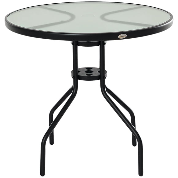 Black 31.5" Round Outdoor Bistro Table w/ Umbrella Hole & Tempered Glass Top - Patio Garden Coffee Side Table