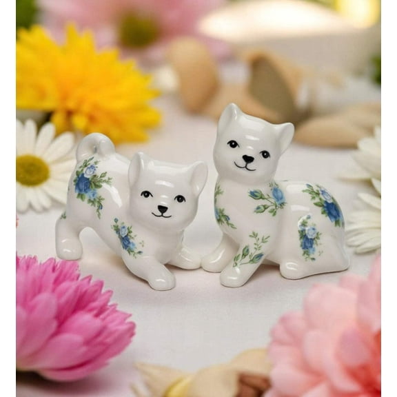 Ceramic Cat with Blue Roses Pattern Salt and Pepper Shakers, Cat Lover Gift, Spring Decor