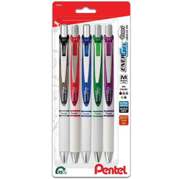 Pentel EnerGel Pearl RTX Gel Ink Pens, Medium Point, 0.7mm, Assorted Ink, Pack of 5 Pens