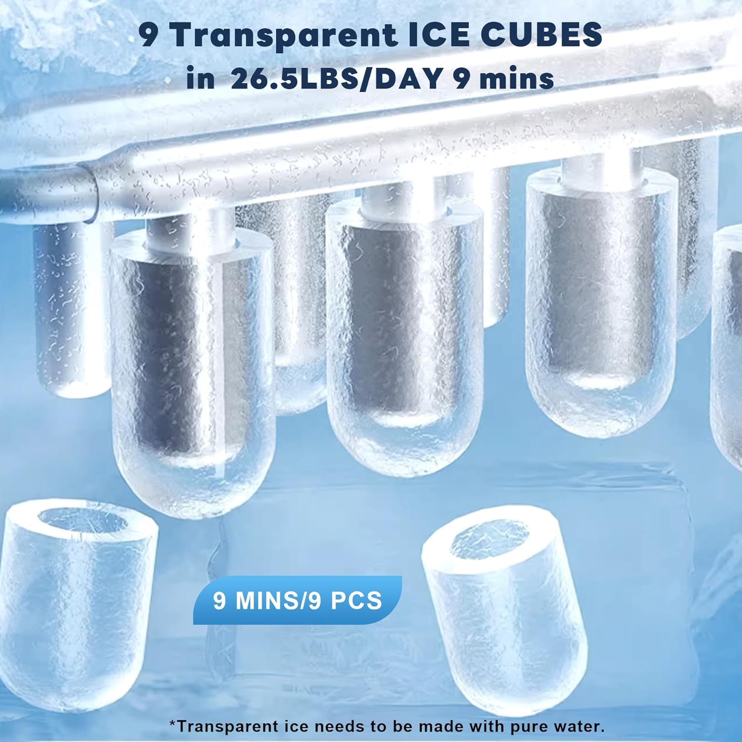 5-Level Selectable Bullet Ice Ice Maker, 26.5lbs Per Day Ice Machine, 9 Ice Cubes Ready in 9 Mins Ice Makers Countertop, Clear Ice Making Countertop Ice Maker for Home and Kitchen