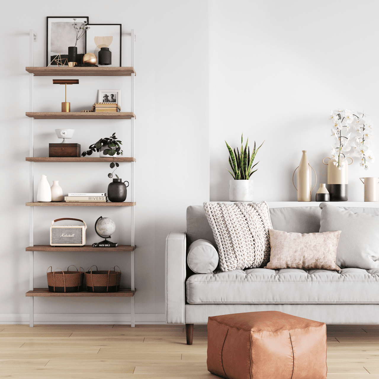Nathan James Theo 6-Shelf Tall Bookcase Wall Mount Bookshelf Natural Wood Industrial Metal Frame Rustic Oak/White