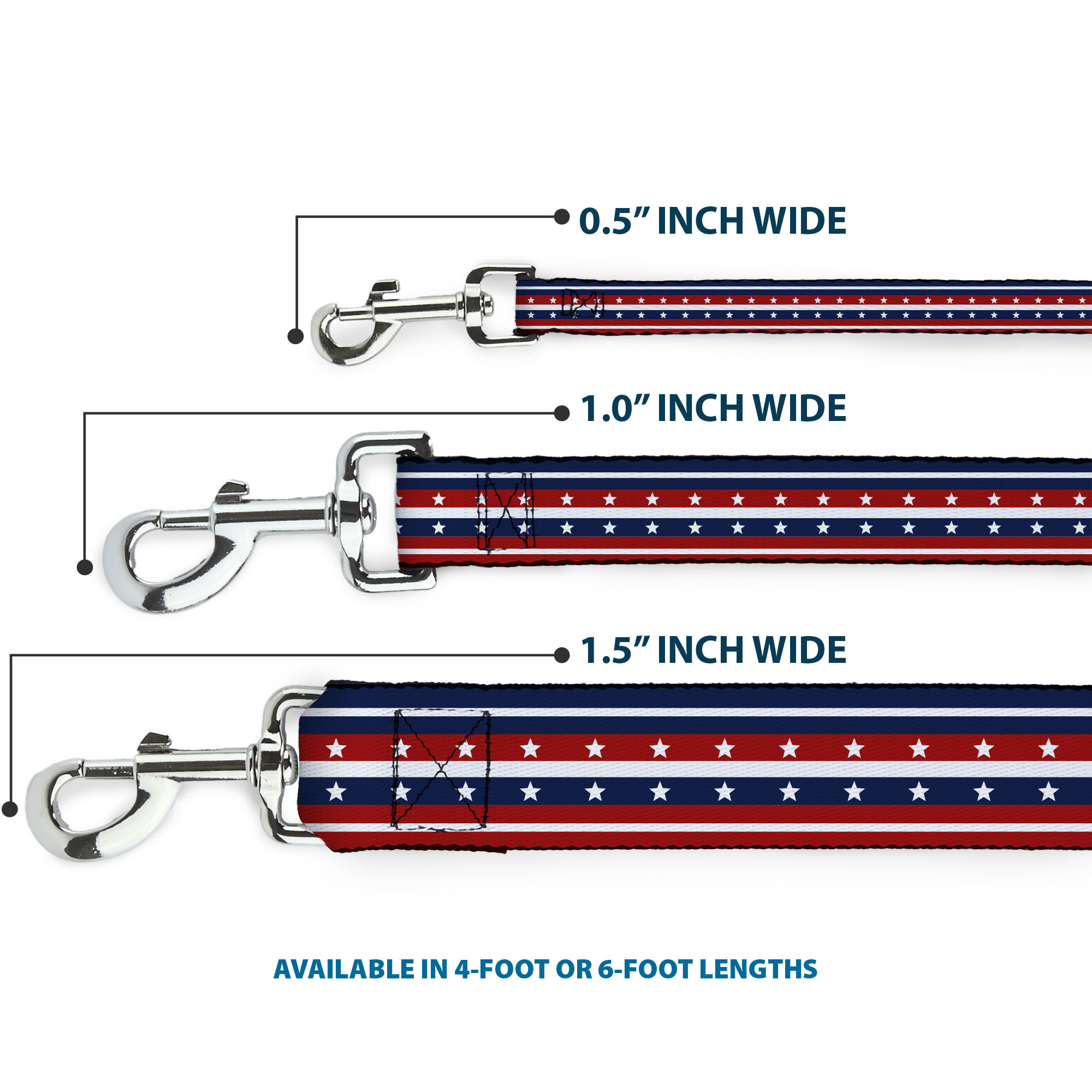 Buckle-Down Pet Leash, Dog Leash, Americana Stripe Stars Blue Red White, 6 Feet Long 1.0 Inch Wide