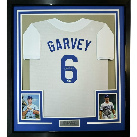 Framed Autographed/Signed Steve Garvey 35x39 Los Angeles LA White Baseball Jersey Beckett BAS COA
