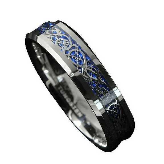 Tungsten Rings for Men Wedding Bands for Him 6mm Silver on Blue Celtic Dragon