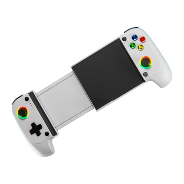 control gamer primus pmc-01bt Blanco con Bluetooth, mando móvil extensible de agarres ergonómicos y panel telescópico para smartphone; botones ABXY, cruceta, dos joysticks con anillo LED y almohadilla central texturizada, compacto para transporte y a menudo usado para emulación o streaming móvil.