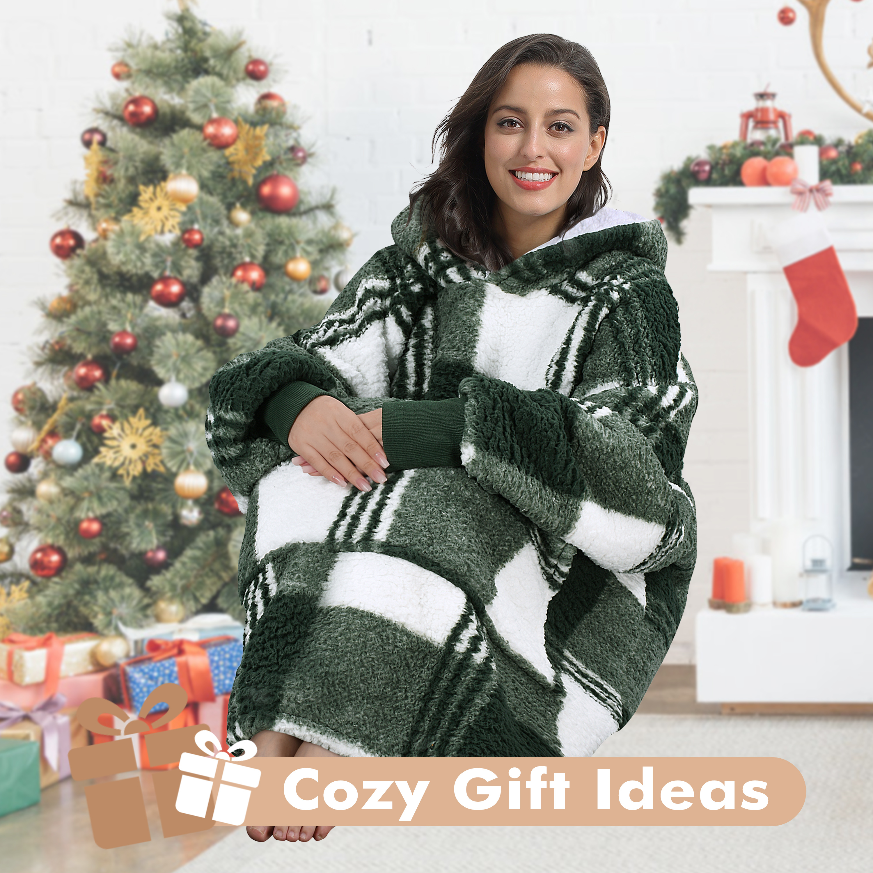 Tirrinia Oversized Blanket Hoodie, Wearable Fluffy Sherpa Blanket, Cozy Sweatshirt Blanket Gift for Adult Women Men Girlfriend, Black Plaid