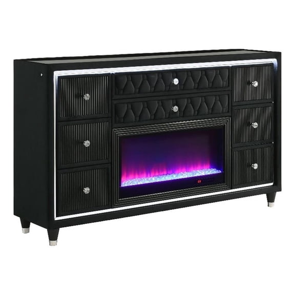 Coaster Lorient 8-Drawer Velvet Upholstered LED Flame Box Dresser in Black