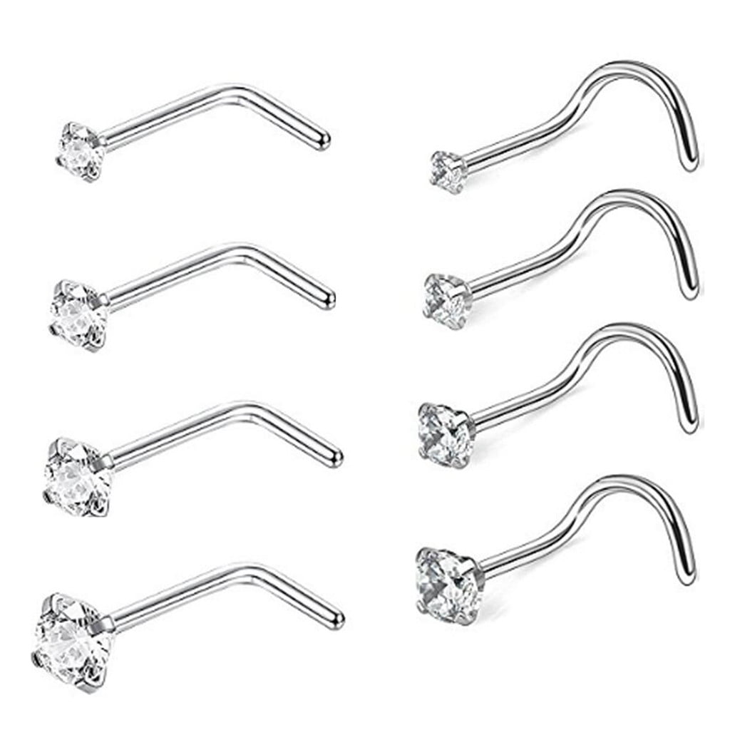 8pcs Premium Stainless Steel Nose Rings Studs L-Shape Piercing Nose Jewelry 