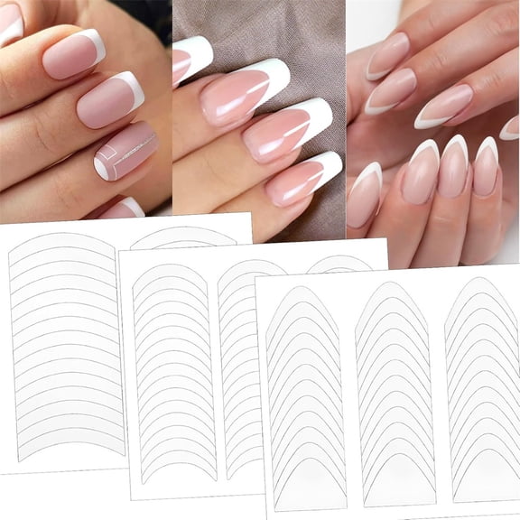 NOGIS 36 Sheets French Nail Stickers, 3 Styles Self-Adhesive Manicure Strips Stickers White Half Moon Shaped Nail Tips Guides for DIY Decoration Stencil Tools, Women DIY Pedicure Nails Kit